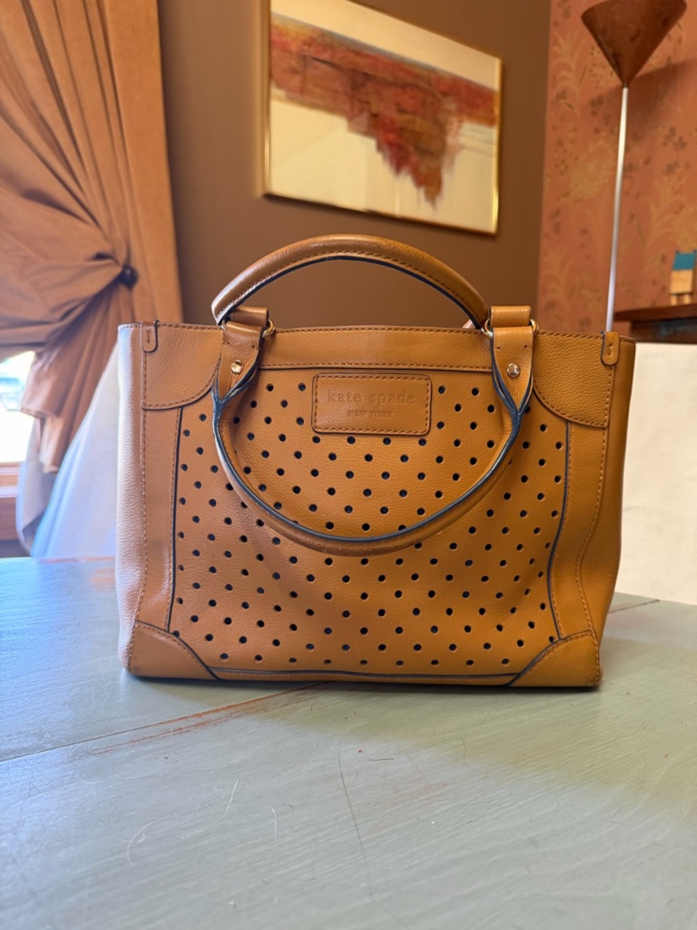 Kate Spade Lader Cut Dot Perforated Leather Satchel in Camel Tan